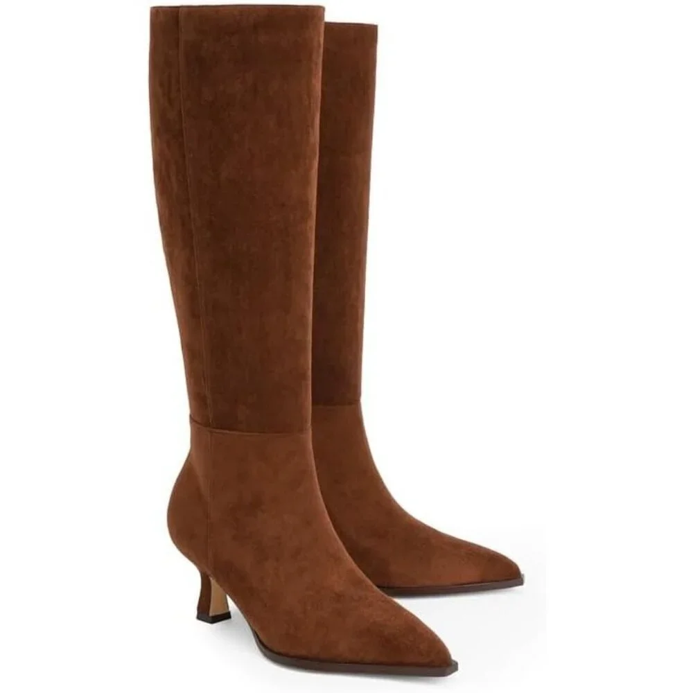 Women's Brown Suede Kitten Low Heel Toe Side Zipper Long Tall Knee High Boots